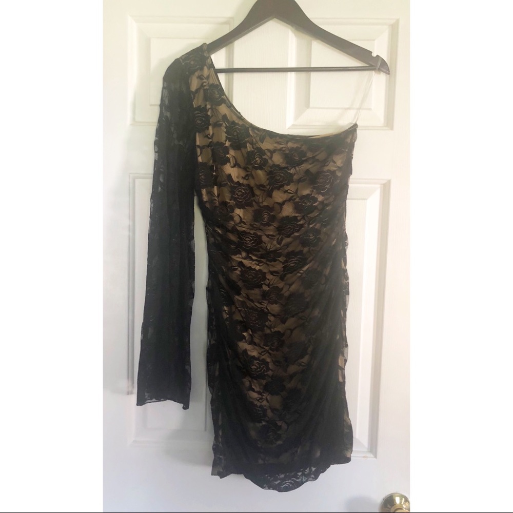 Ruby Rox black lace one shoulder above midi dress